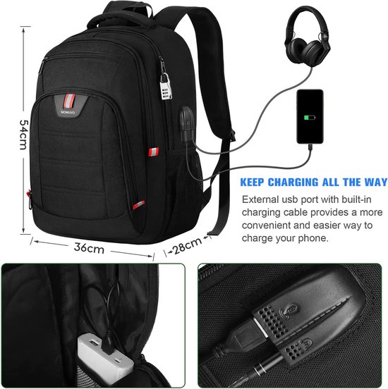 sac à dos scolaire, pour sac à dos pour ordinateur portable 15,6 pouces étanche, avec port de chargement USB, Oxford, 35L noir