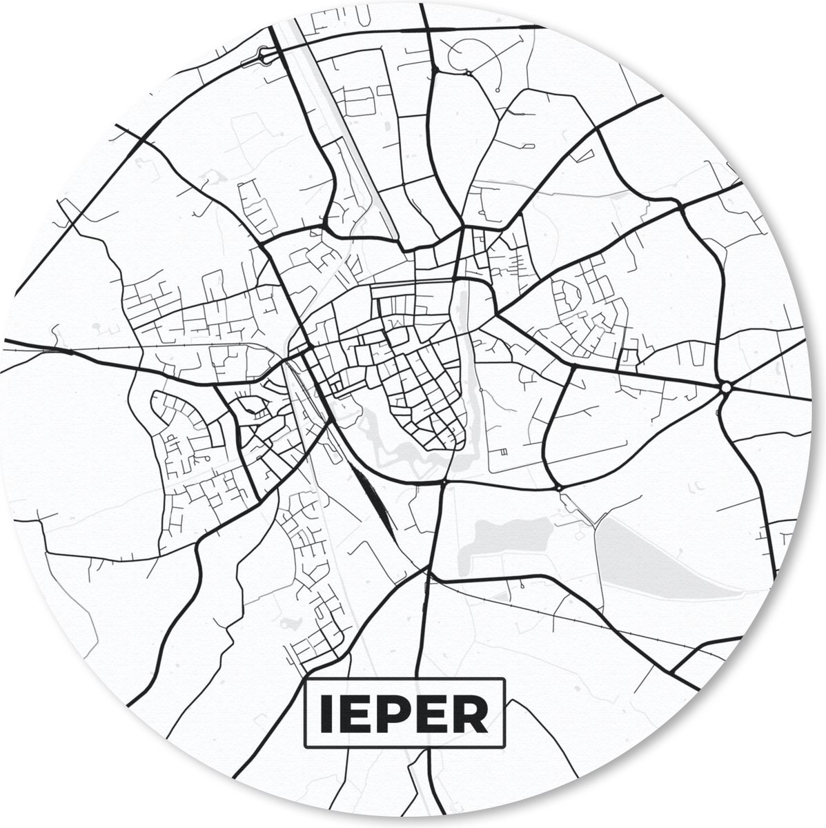 Muismat - Mousepad - Rond - België – Ieper – Stadskaart – Kaart – Zwart Wit – Plattegrond - 40x40 cm - Ronde muismat
