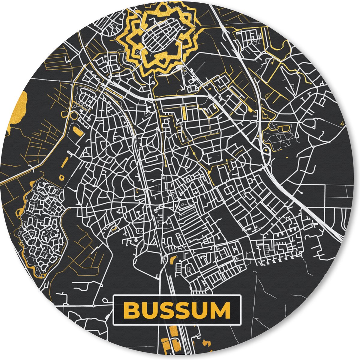 Muismat rond 20x20 cm - Mousepad Bussum - Kaart - Stadskaart - Plattegrond - Goud - Ronde muismatten - Stadskaart