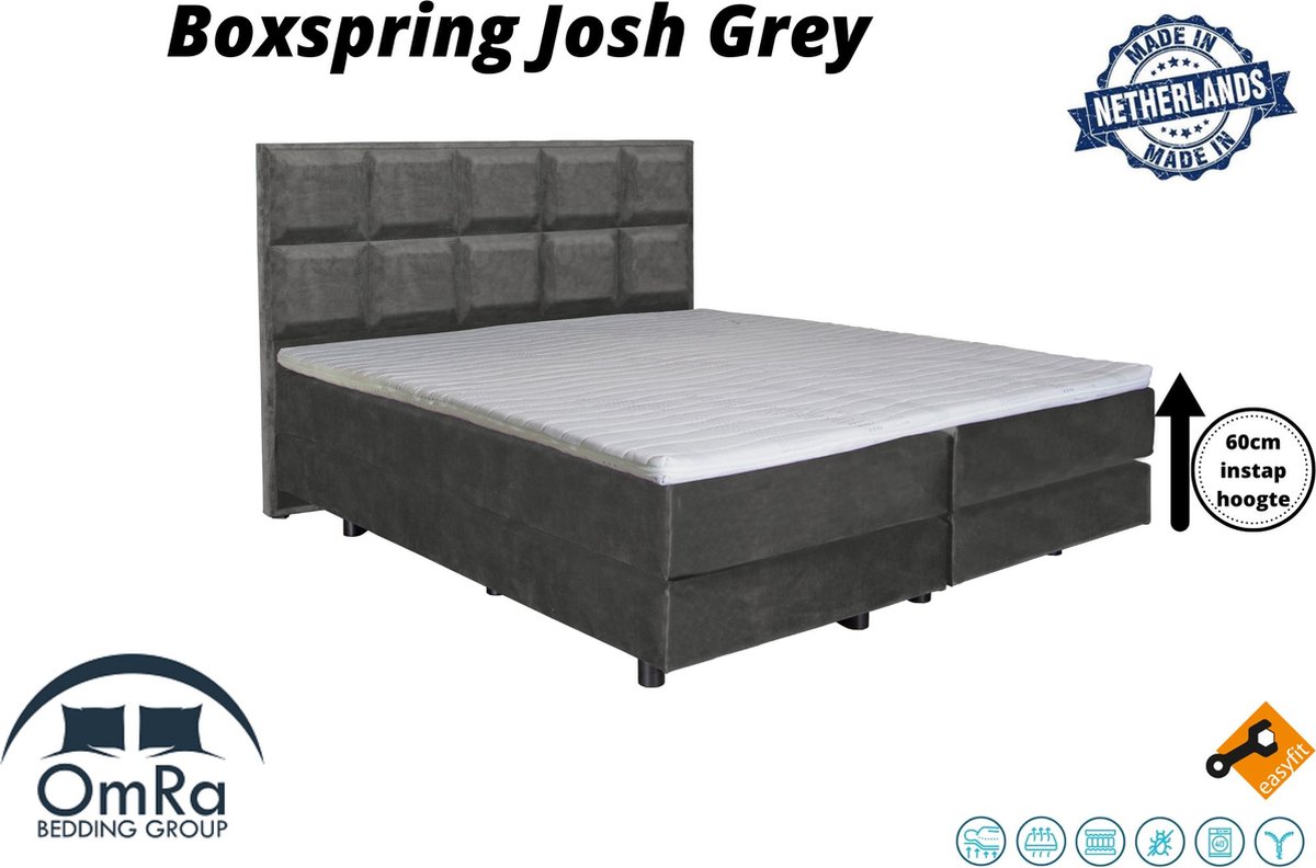 Omra Bedding - Complete boxspring - Josh Grey - 140x210 cm - Inclusief Topdekmatras - Hotel boxspring