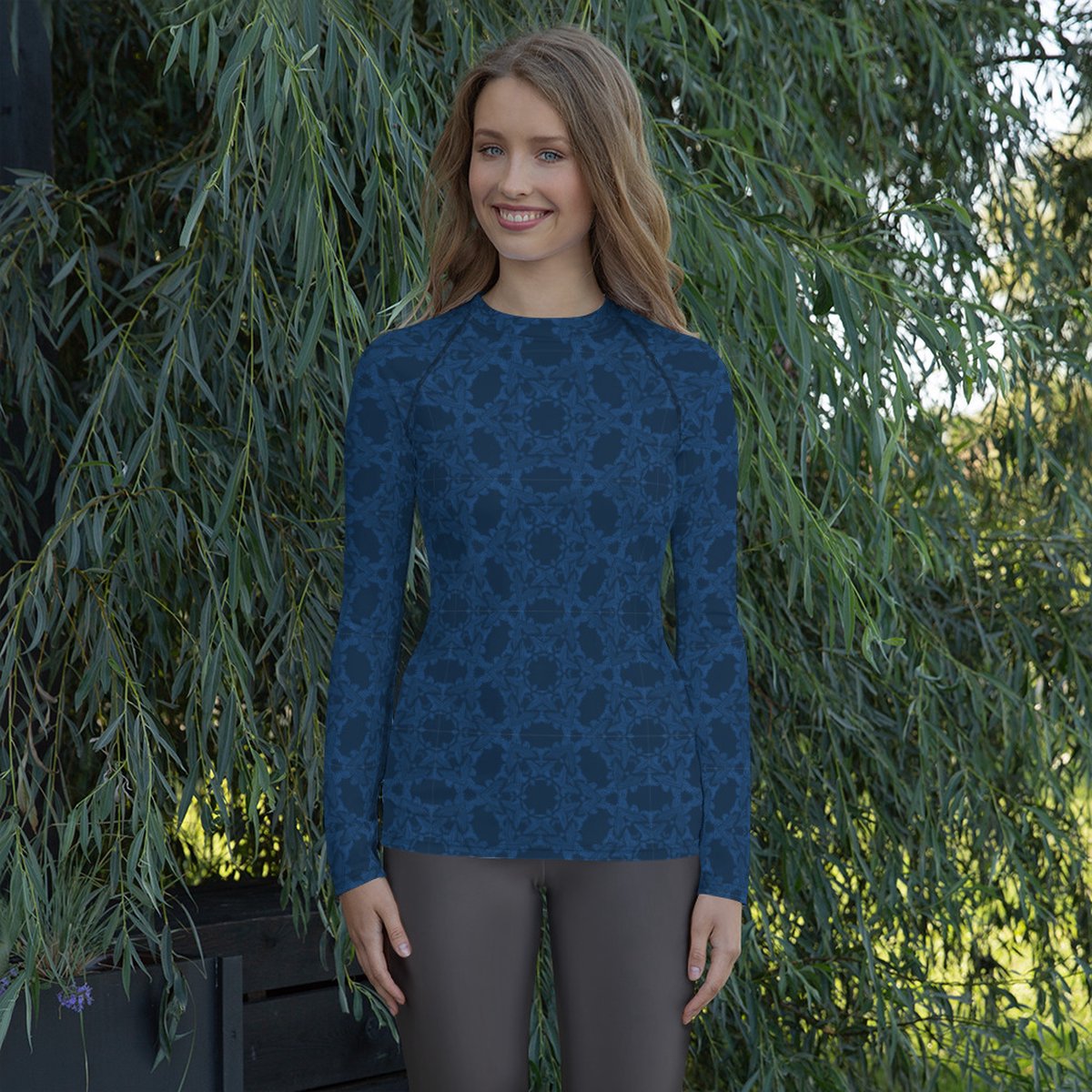 Rashguard - design Grace in Lace - Dry Fit - High Performance - 4way stretch - unieke print - UPF 50+ - Hardloop - Yoga - Fitness - Dans  - Pilates - Training – Shirt Long Sleeve – dames -donkerblauw klassiekblauw - maat 2XL