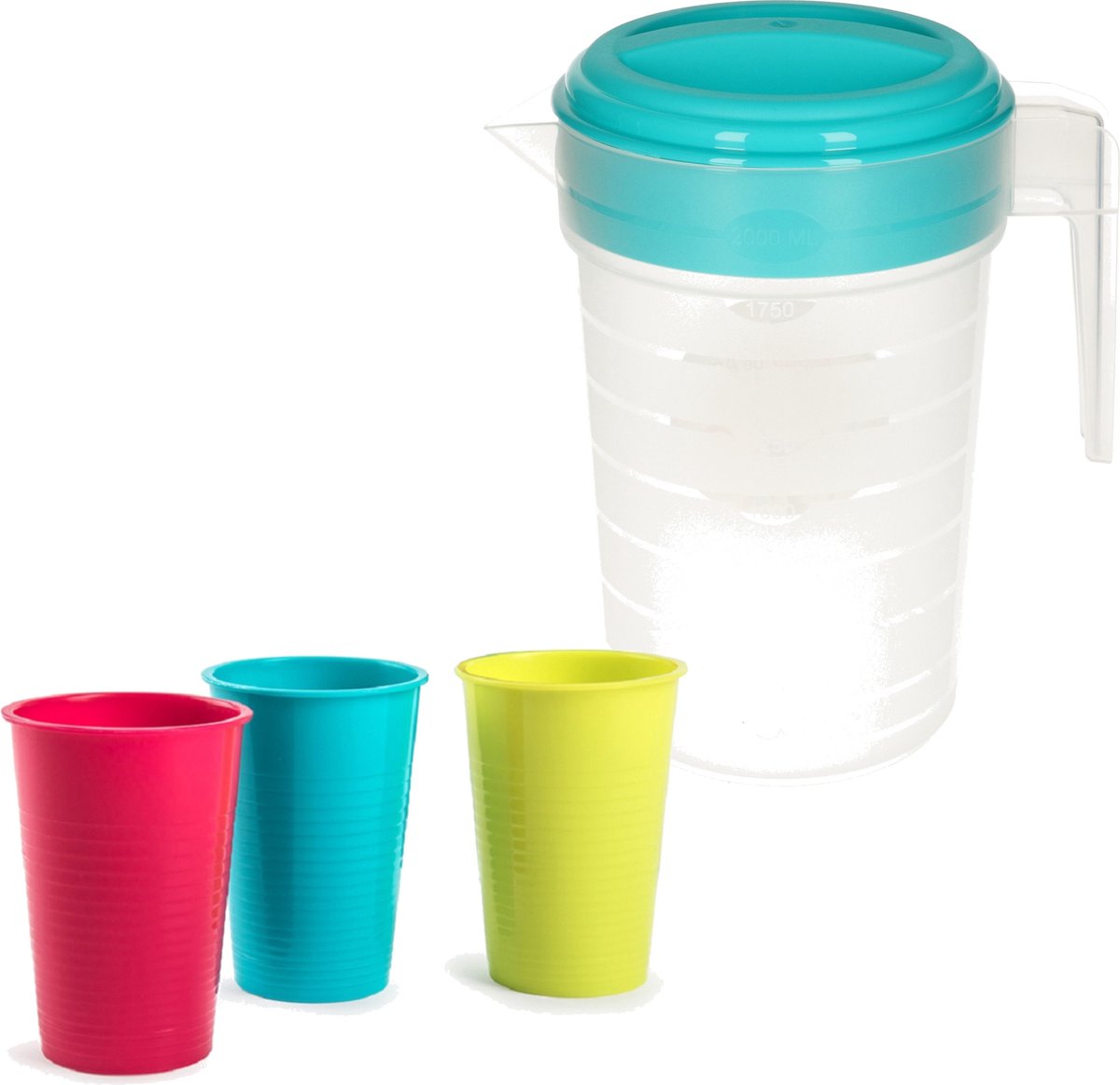 Water/limonade schenkkan 2 liter met 12x kunststof gekleurde glazen van 360 ML voordeelset