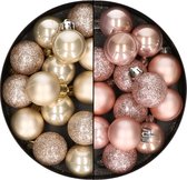 28x stuks kleine kunststof kerstballen lichtroze en champagne 3 cm - kerstversiering