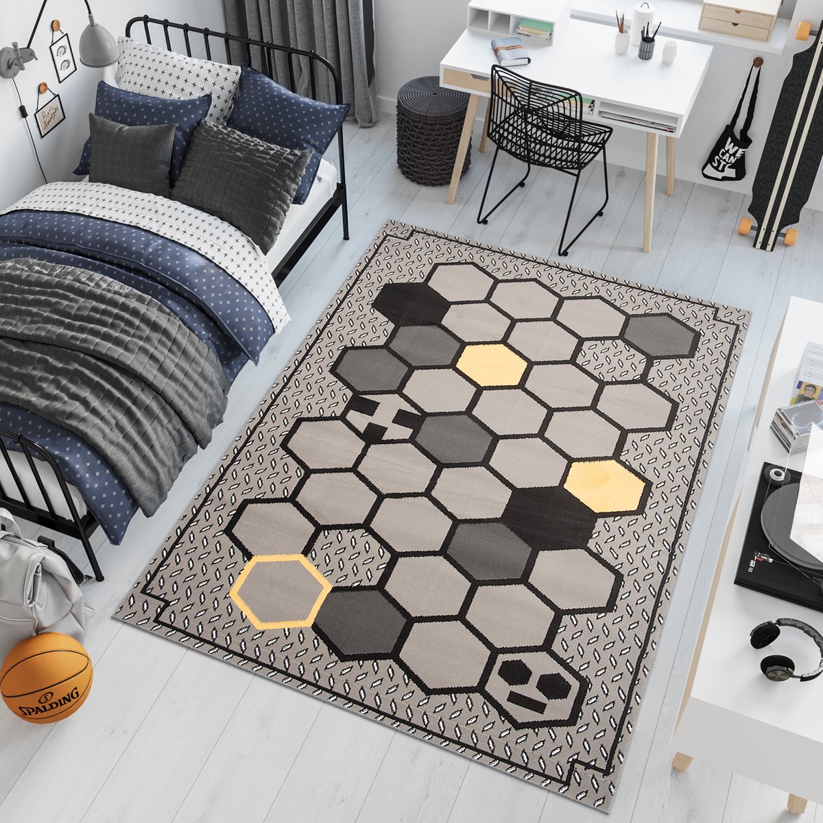 Tapiso Patras Vloerkleed Grijs Geel Zwart Jeugdkamer Kinderkamer Kleed Tapijt Maat- 180x25