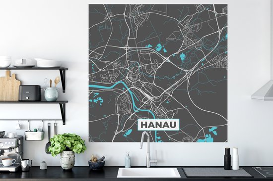 Muurstickers - Sticker Folie - Blauw – Duitsland – Plattegrond – Stadskaart – Kaart – Hanau - 120x120 cm - Plakfolie - Muurstickers Kinderkamer - Zelfklevend Behang XXL - Zelfklevend behangpapier - Stickerfolie