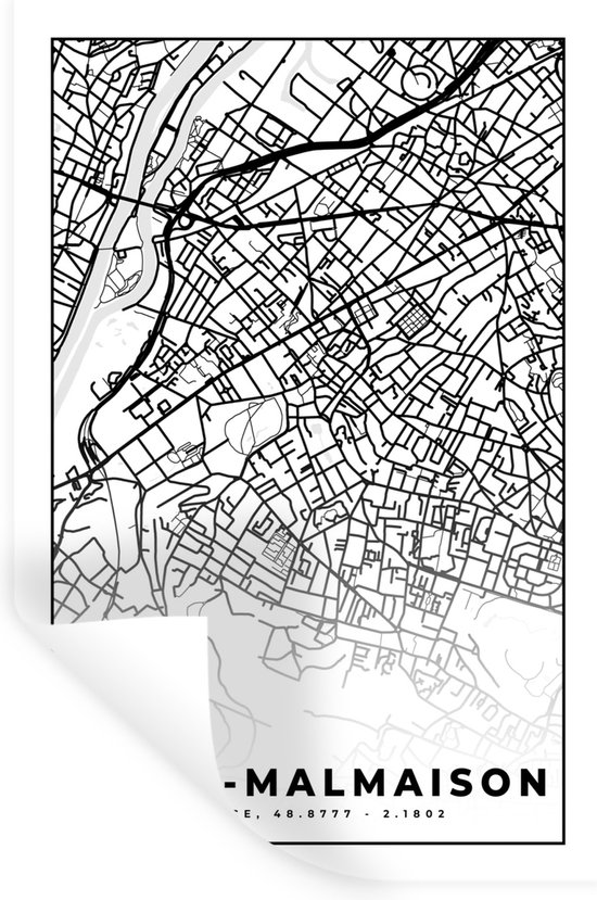Stickers muraux - France - Carte - Carte - Plan de ville - Rueil-Malmaison - Zwart et blanc - 80x120 cm - Film adhésif