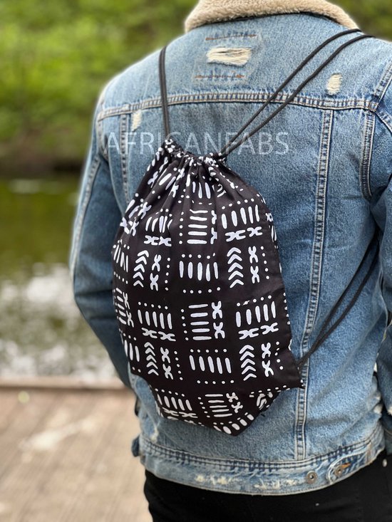 Afrikaanse print rugzak / Gymtas / Schooltas met rijgkoord - Zwart / wit bogolan  - Drawstring Bag