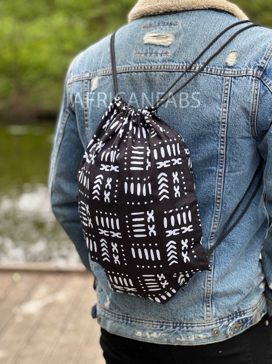 Afrikaanse print rugzak / Gymtas / Schooltas met rijgkoord - Zwart / wit bogolan - Drawstring Bag