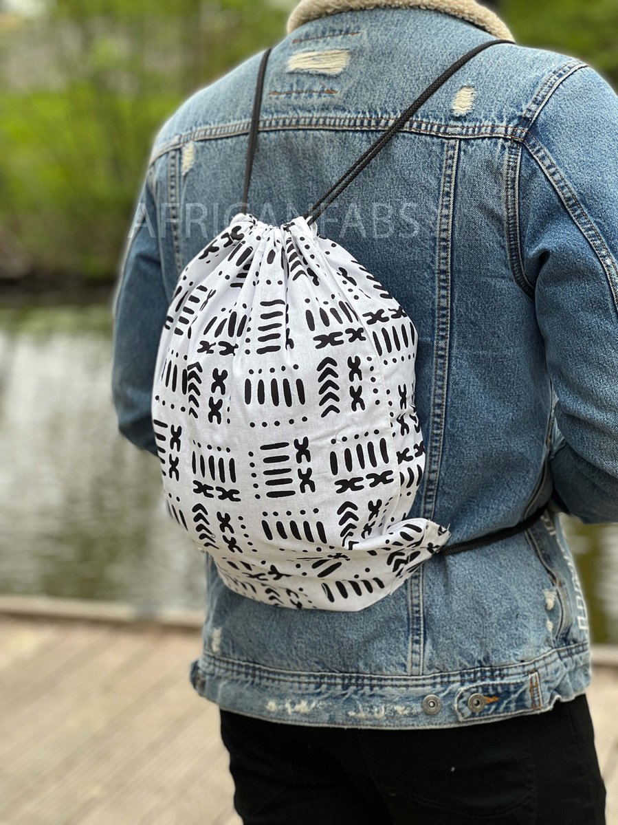 Afrikaanse print rugzak / Gymtas / Schooltas met rijgkoord - Wit / zwart bogolan - Drawstring Bag