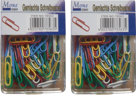 Pak met 200 paperclips in rood, geel, blauw, groen en wit. "Gemischte Schreibwaren".