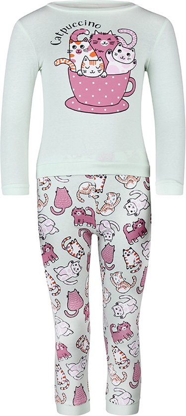 Meisjes Pyjama, met leuke katjes, Catpuccino, Mint Groen, van het merk Pebble Stone.