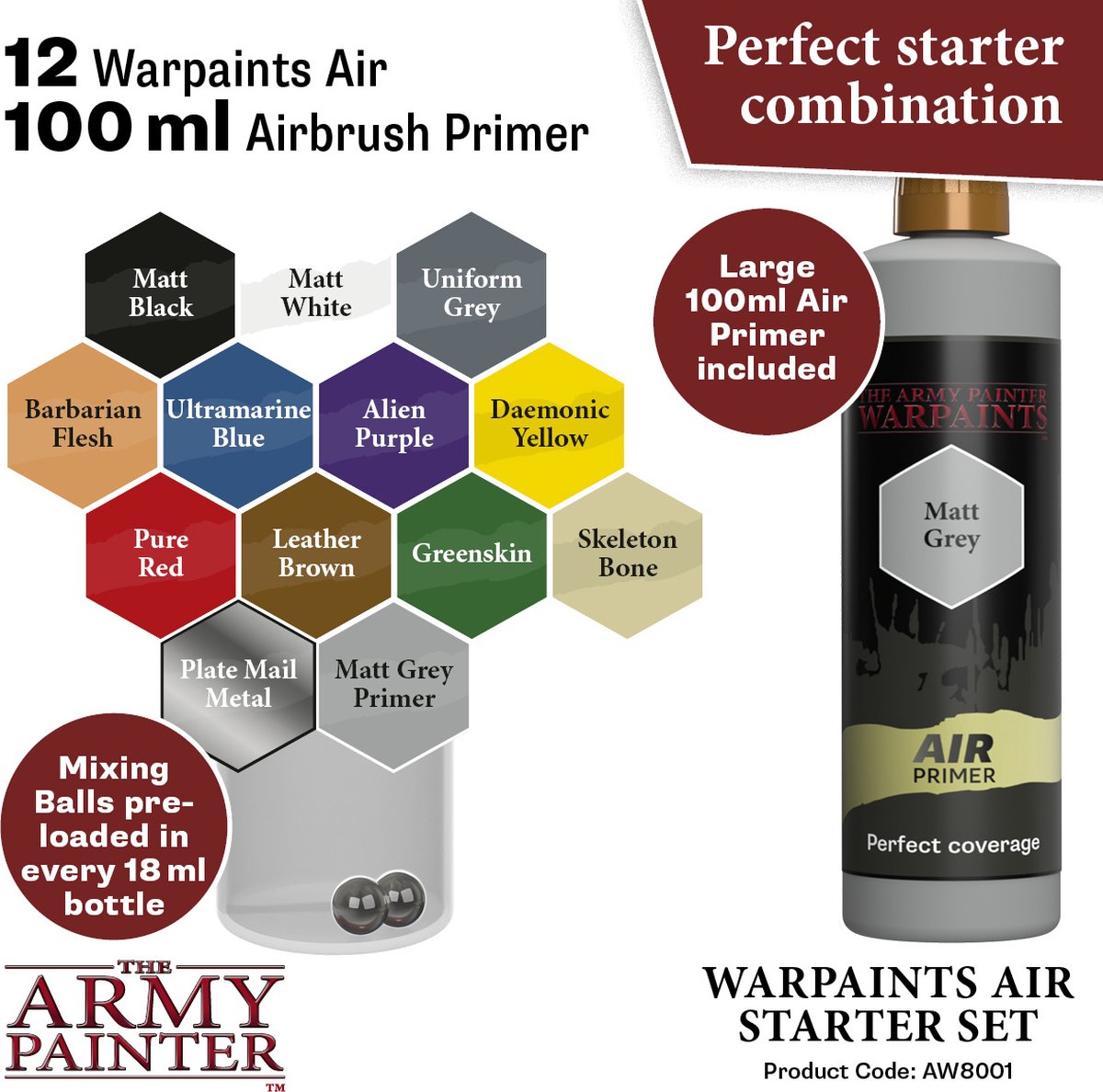 The Army Painter Warpaints Air Starter Set, 12 Warpaints in 18 ml druppelflessen (inclusief 1 metallic, 1 grijze 100 ml primer), acrylverf niet-giftige airbrushverf op waterbasis Acrylverfset — afbeelding 6