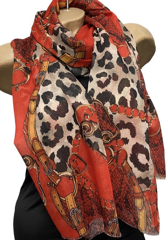 Sjaal met dierenprint en ketting afbeelding 180/75cm rood