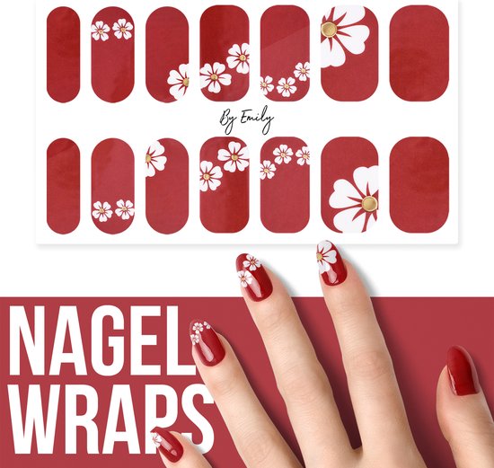By Emily - Nagel wrap - Flowery & Red | 14 stickers per vel | Nail wrap | Nail art | Trendy | Design | Nagellakvrij | Eenvoudig | Nagel art | Nagel wrap | Nagel stickers | Folie | Zelfklevend | Sjablonen