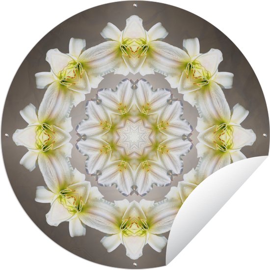 Tuincirkel Een witte bloem in de vorm van een mandala - 120x120 cm - Ronde Tuinposter - Buiten XXL / Groot formaat!