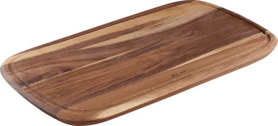 Rechthoekige acaciahouten snijplank met afgeronde hoeken en een groef rondom.