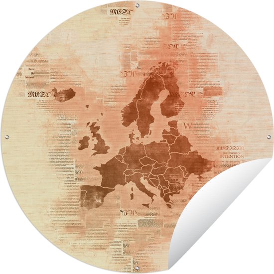 Tuincirkel Europa kaart - Waterverf - Bruin - Krant - 60x60 cm - Ronde Tuinposter - Buiten