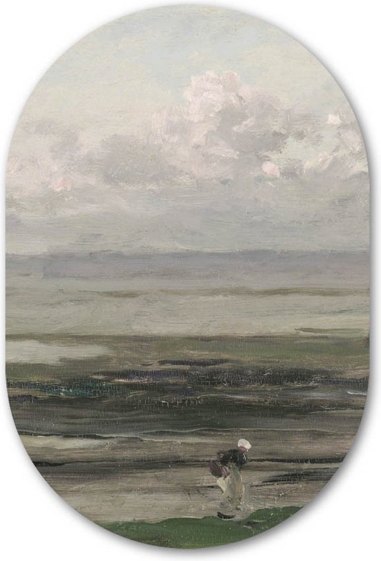 Muurovaal Strand bij Eb Meesterwerk van Charles-François Daubigny  - WallCatcher | Geborsteld Aluminium 80x120 cm | Ovalen schilderij | Wandovaal Oude Meesters