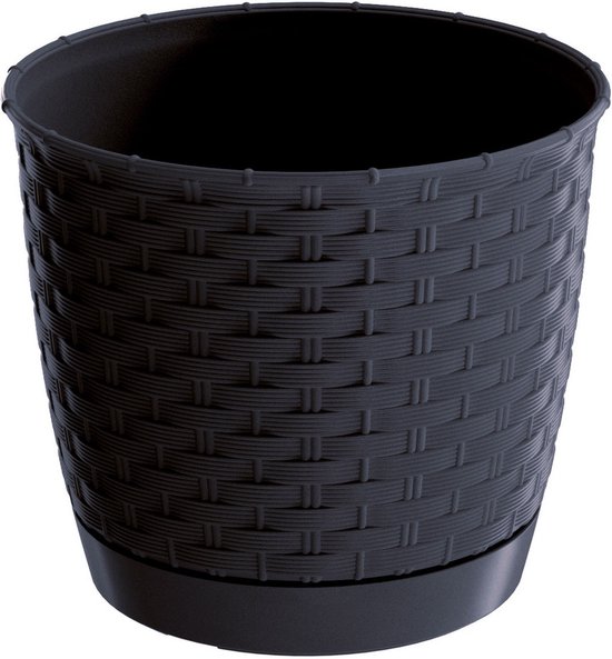 3x morceaux de cache-pots ronds tressés / pots de fleurs en plastique dia 16,5 cm et hauteur 14 cm en gris anthracite