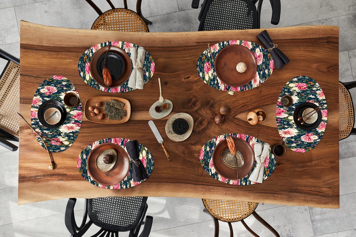 Placemats ovaal - Onderleggers - Ovale placemats - Patronen - Roos - Bladeren - 6 stuks