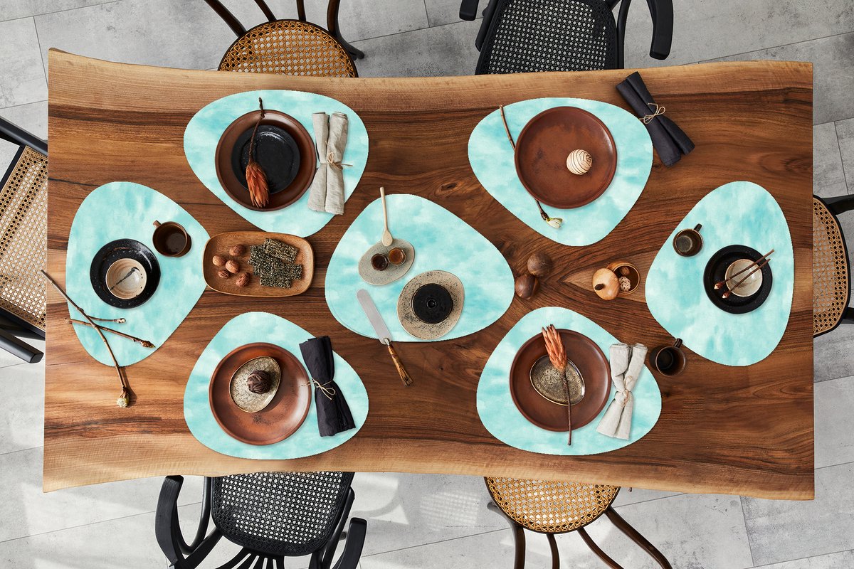 Placemat organisch - Placemats organic - Onderleggers - Patroon - Waterverf - Turquoise - 8 stuks