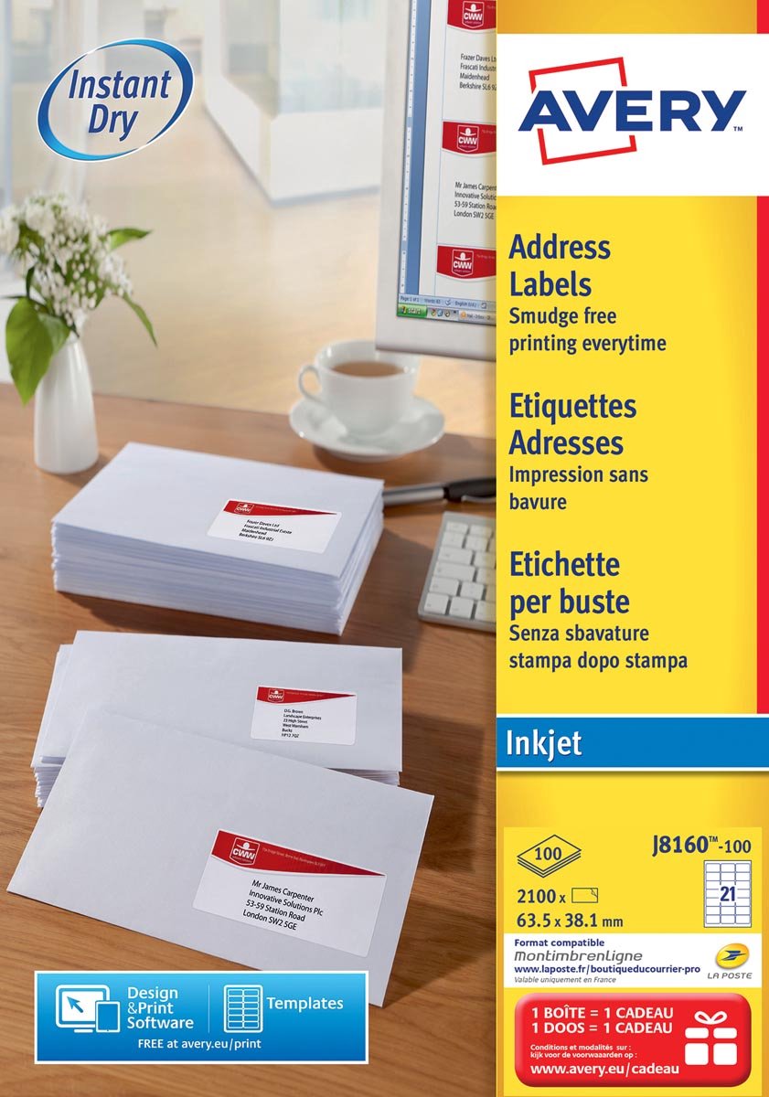 Avery J8160-100 adresetiketten 63,5 x 38,1 mm (b x h), 2.100 etiketten, wit 5 stuks
