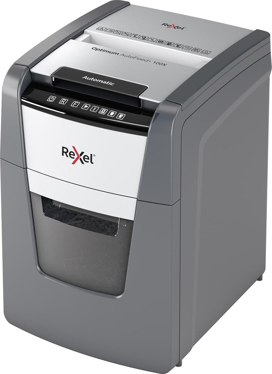 Rexel Optimum AutoFeed+ 100X Fluisterstille Papierversnipperaar - P4 Snippers - Automatische Invoer Tot 100 Vel - 34L - Zwart thumbnail 2