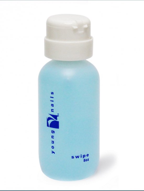 Lichtblauwe plastic fles met witte pompdop, met logo en tekst 'young nails swipe 8oz'.