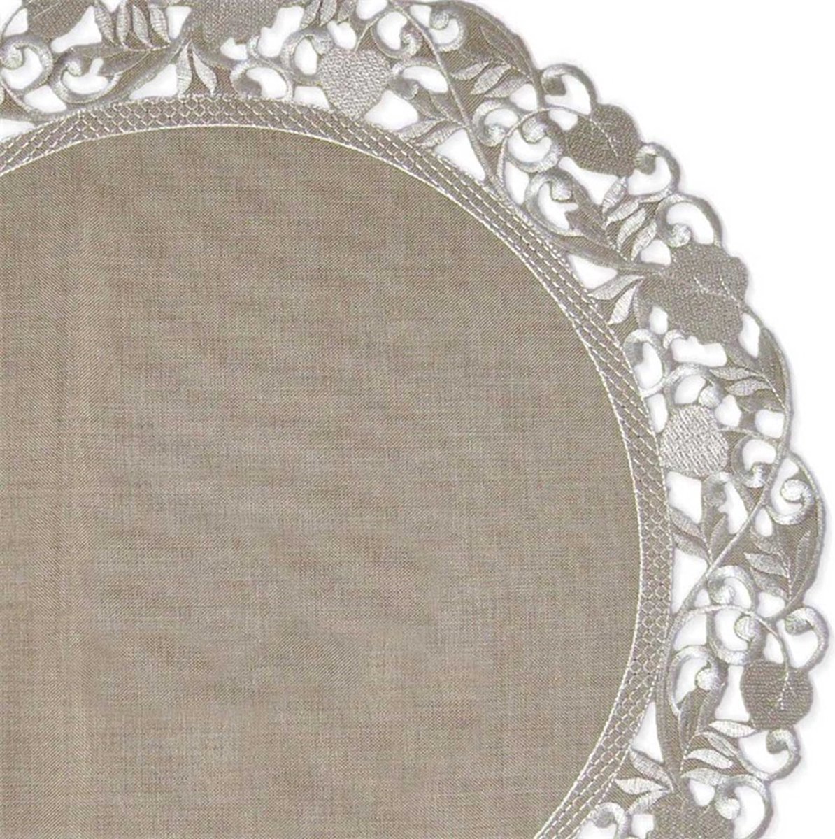 Tafelkleed - Linnenlook - Taupe met blaadjes - Rond 50 cm