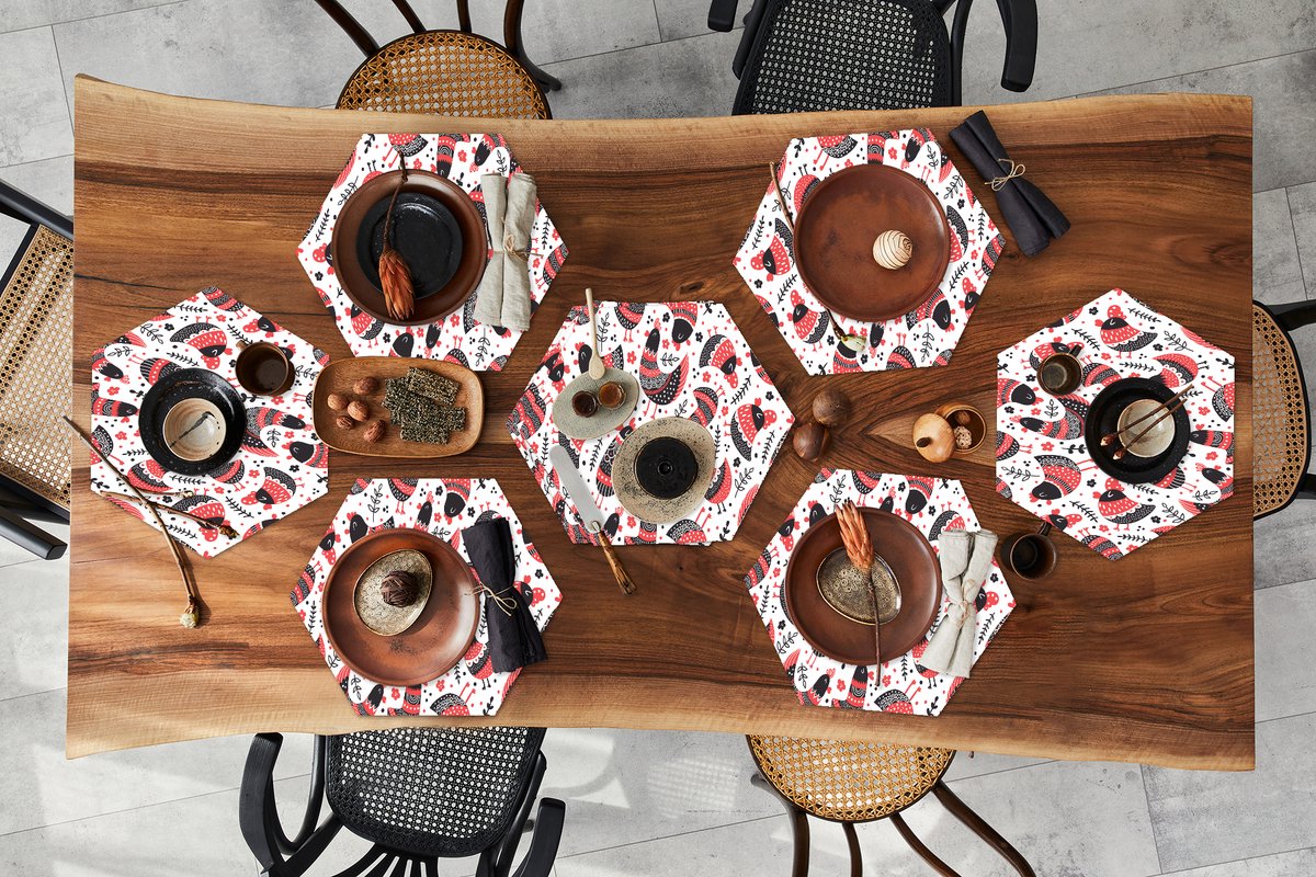 Placemats hexagon - Onderleggers placemats - Placemat zeshoek - Vogel - Kip - Patroon - 10 stuks