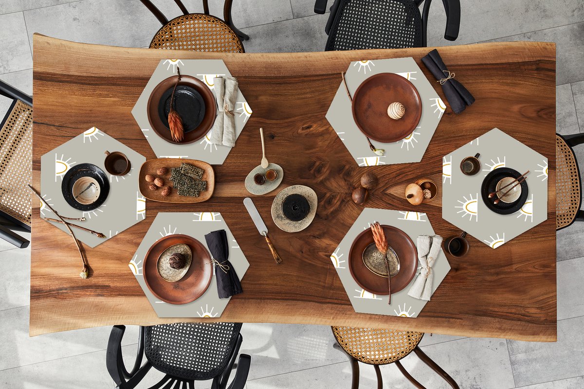 Placemats hexagon - Onderleggers placemats - Placemat zeshoek - Zon - Boho - Patronen - 6 stuks