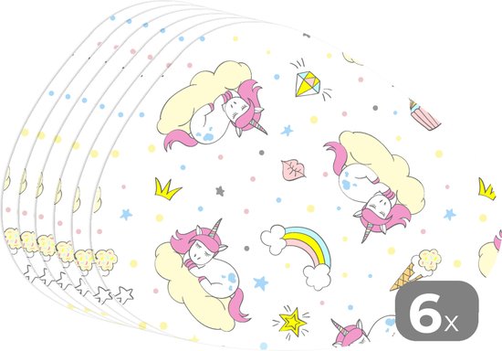 Set de table bio - Napperons bio - Sets de table - Licorne - Motifs - Arc-en-ciel - 6 pièces