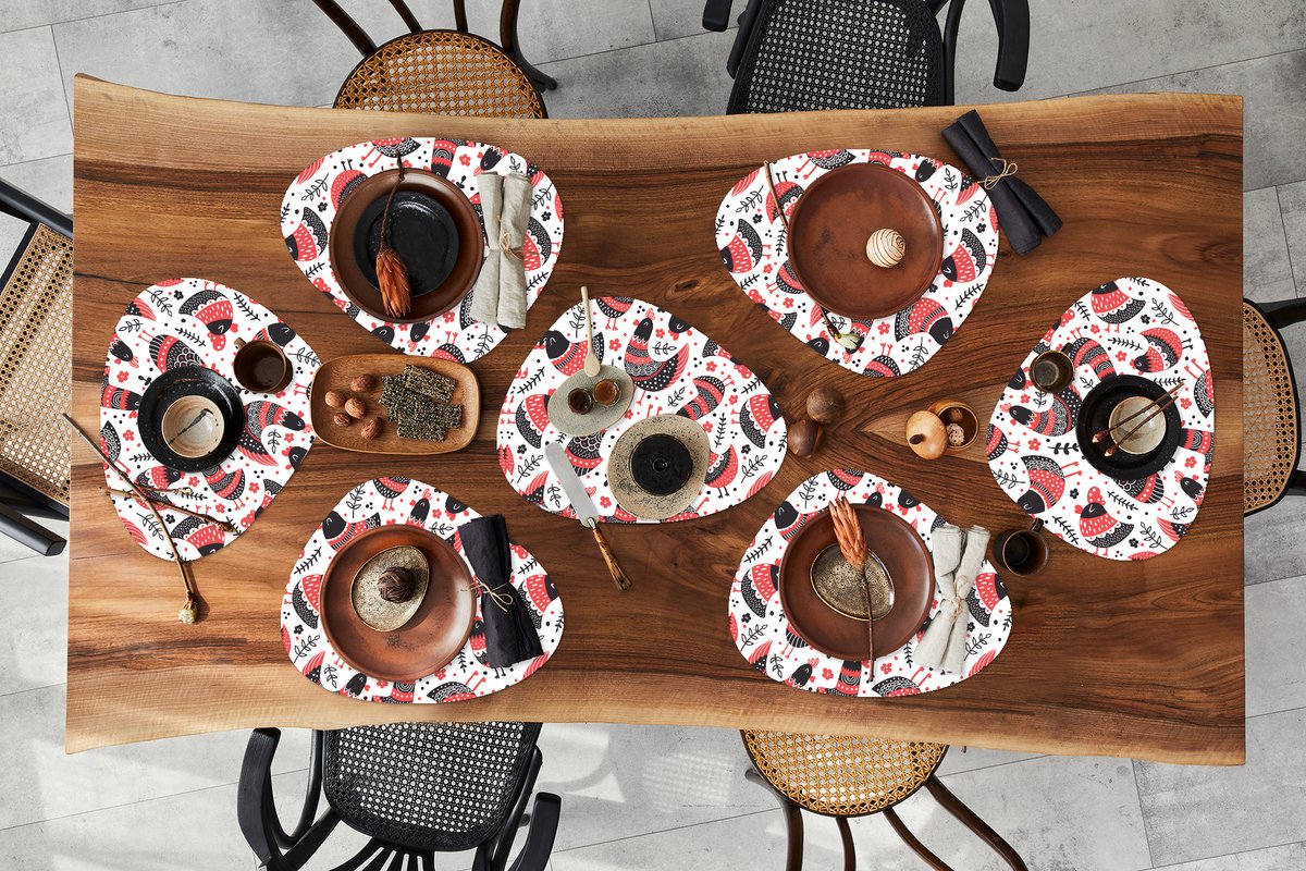 Placemat organisch - Placemats organic - Onderleggers - Vogel - Kip - Patroon - 8 stuks