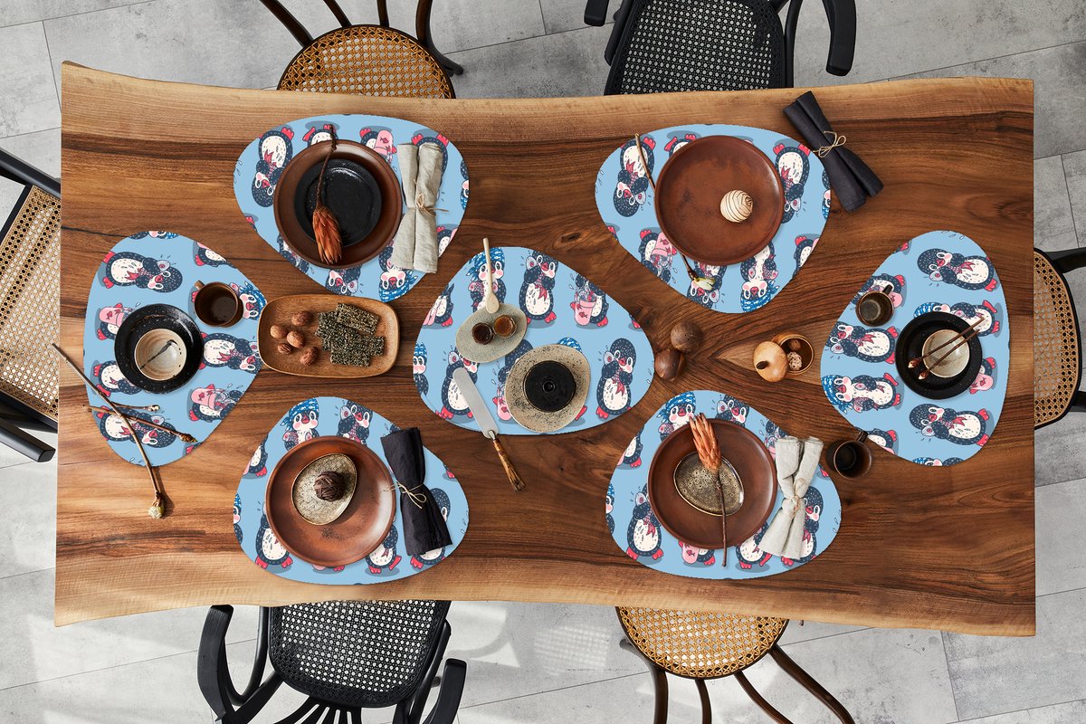 Placemat organisch - Placemats organic - Onderleggers - Pinguïn - Design - Vis - 8 stuks