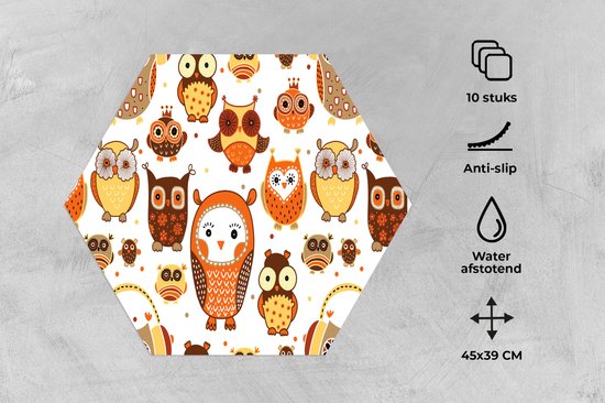 Napperons de table hexagon - Sets de table - Set de table hexagone - Filles - Hibou - Oranje - Motifs - Fille - Enfant - Enfants - 10 pièces