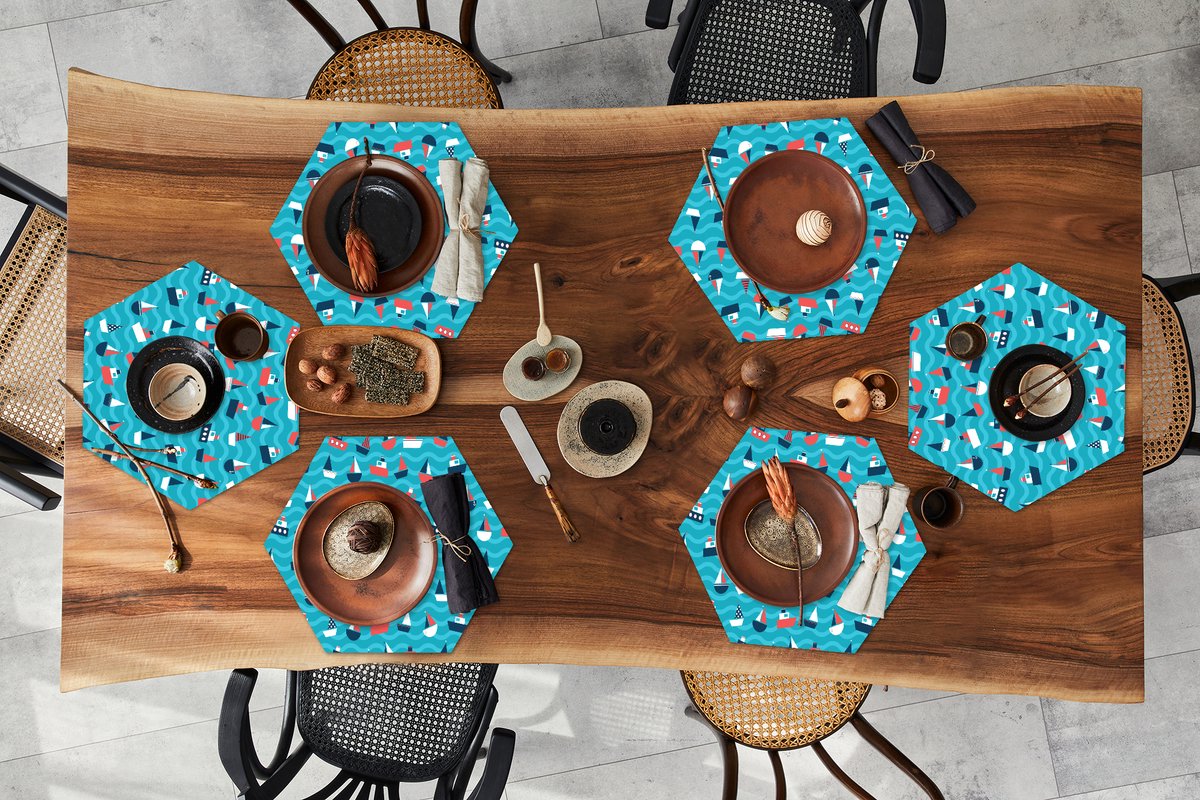 Placemats hexagon - Onderleggers placemats - Placemat zeshoek - Boten - Zee - Patroon - 6 stuks