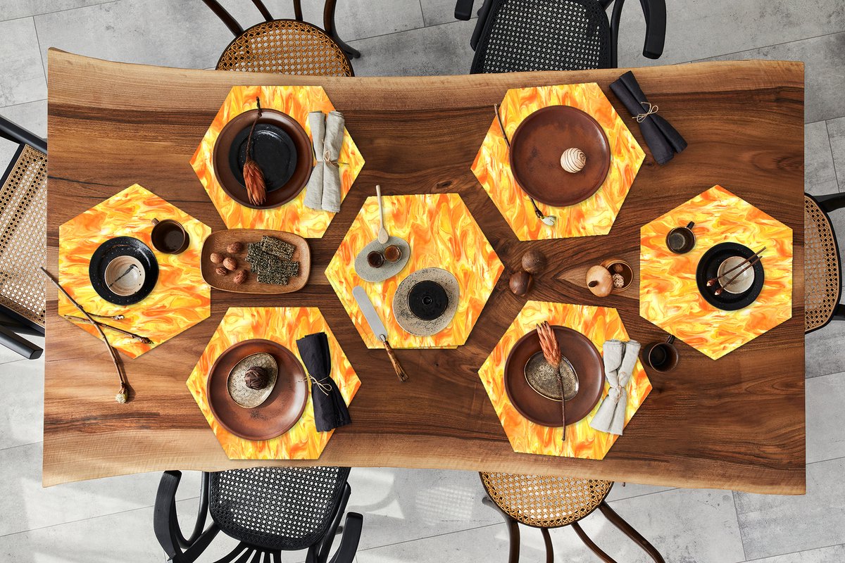 Placemats hexagon - Onderleggers placemats - Placemat zeshoek - Marmer print - Oranje - Geel - Design - 8 stuks
