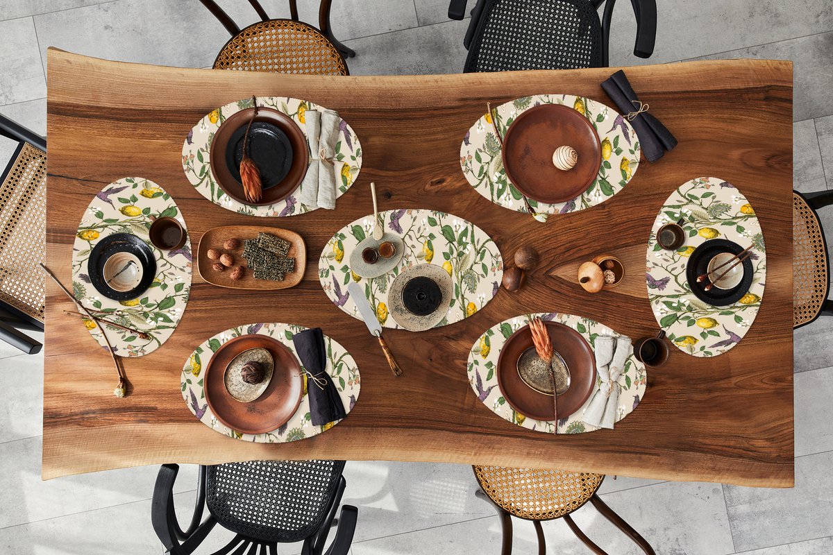 Placemats ovaal - Onderleggers - Ovale placemats - Patroon - Vogel - Planten - Fruit - 8 stuks