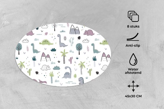 Placemats ovaal - Onderleggers - Ovale placemats - Patroon - Dinosaurus - Kinderen - Baby - Jongens - Meisjes - Kindje - 8 stuks