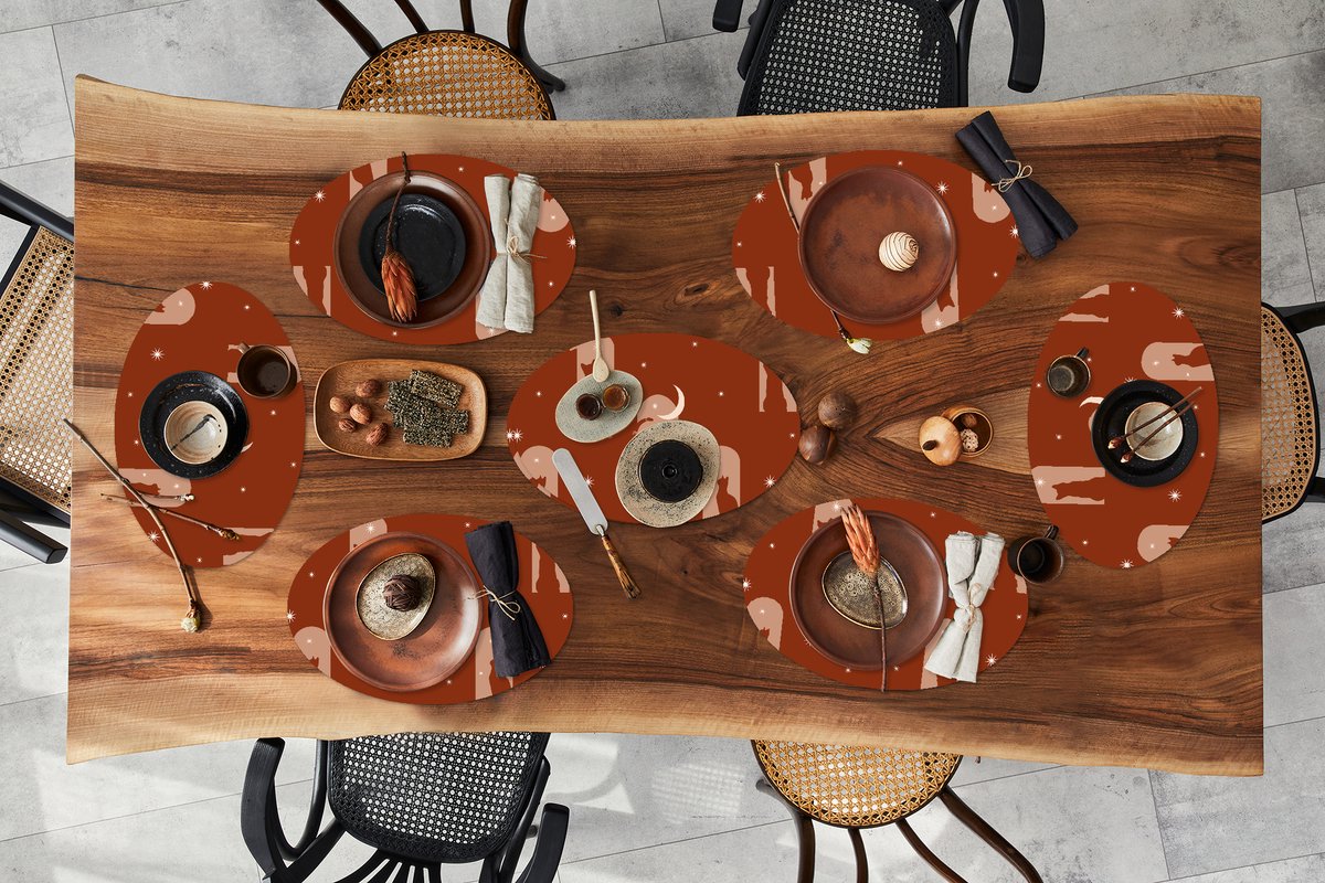 Placemats ovaal - Onderleggers - Ovale placemats - Sterren - Kat - Design - 8 stuks