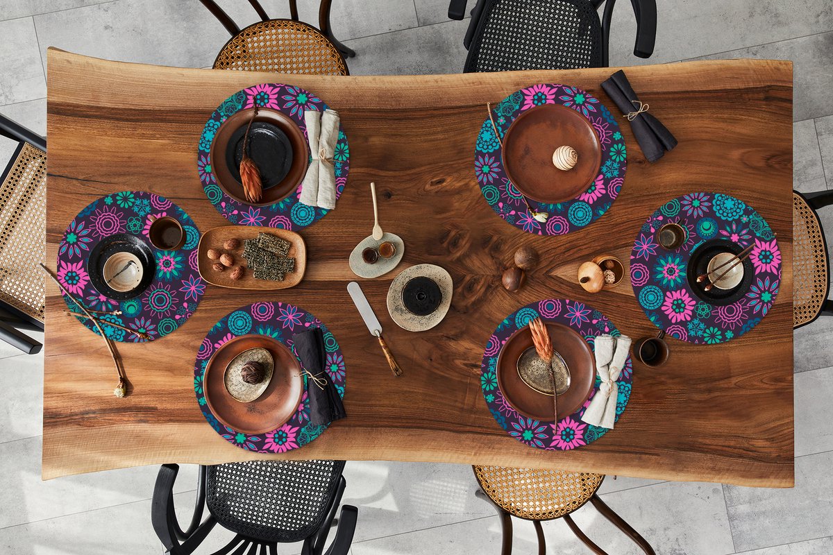 Ronde placemats - Onderlegger - Placemats rond - Neon - Bloemen - Patronen - 6 stuks