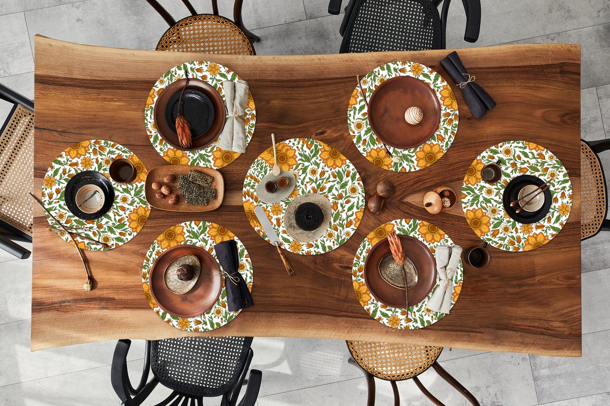 Ronde placemats - Onderlegger - Placemats rond - Bloemen - Oranje - Design - 10 stuks