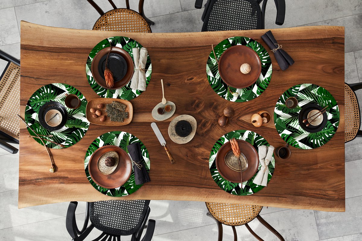 Ronde placemats - Onderlegger - Placemats rond - Monstera - Zwart Wit - Patronen - 6 stuks