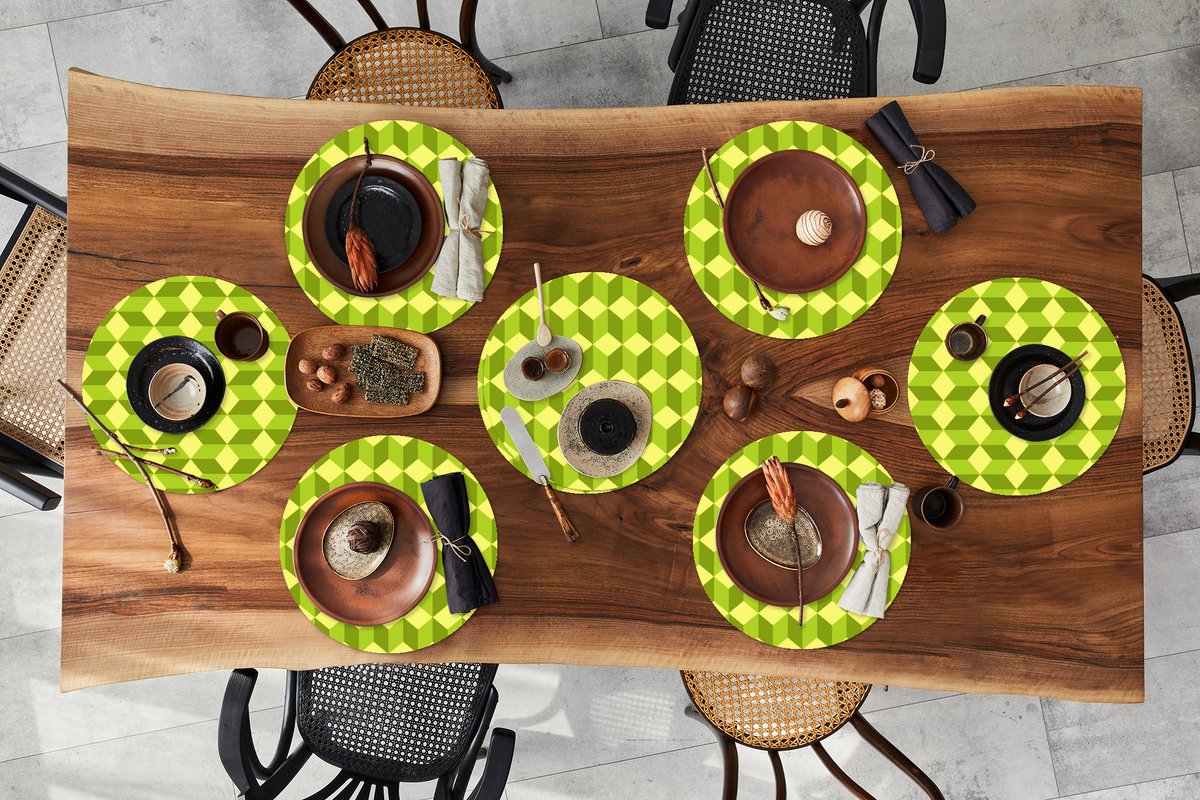 Ronde placemats - Onderlegger - Placemats rond - Patroon - Groen - Blokken - 8 stuks