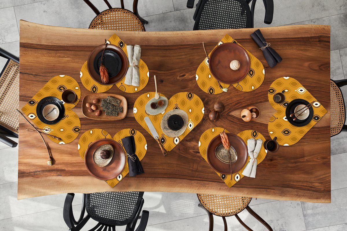Onderleggers - Placemats - Placemats hartje - Okergeel - Bohemian - Design - 8 stuks