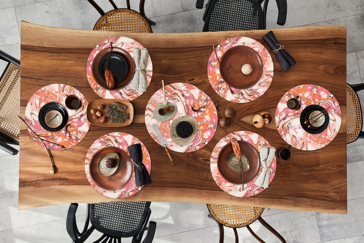 Ronde placemats - Onderlegger - Placemats rond - Marmer print - Oranje - Wit - 10 stuks