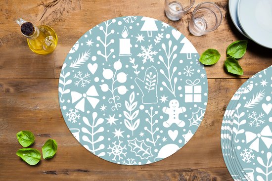 Ronde placemats - Onderlegger - Placemats rond - Winter - Sneeuw - Patronen - Wit - 8 stuks - Kerst - Cadeau - Kerstcadeau voor mannen, vrouwen en kinderen