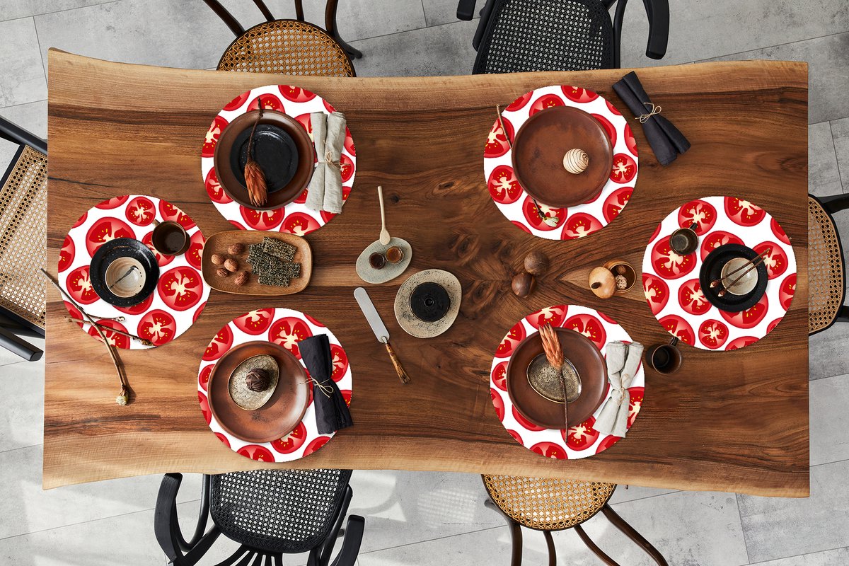 Ronde placemats - Onderlegger - Placemats rond - Tomaat - Patroon - Fruit - Groente - 6 stuks