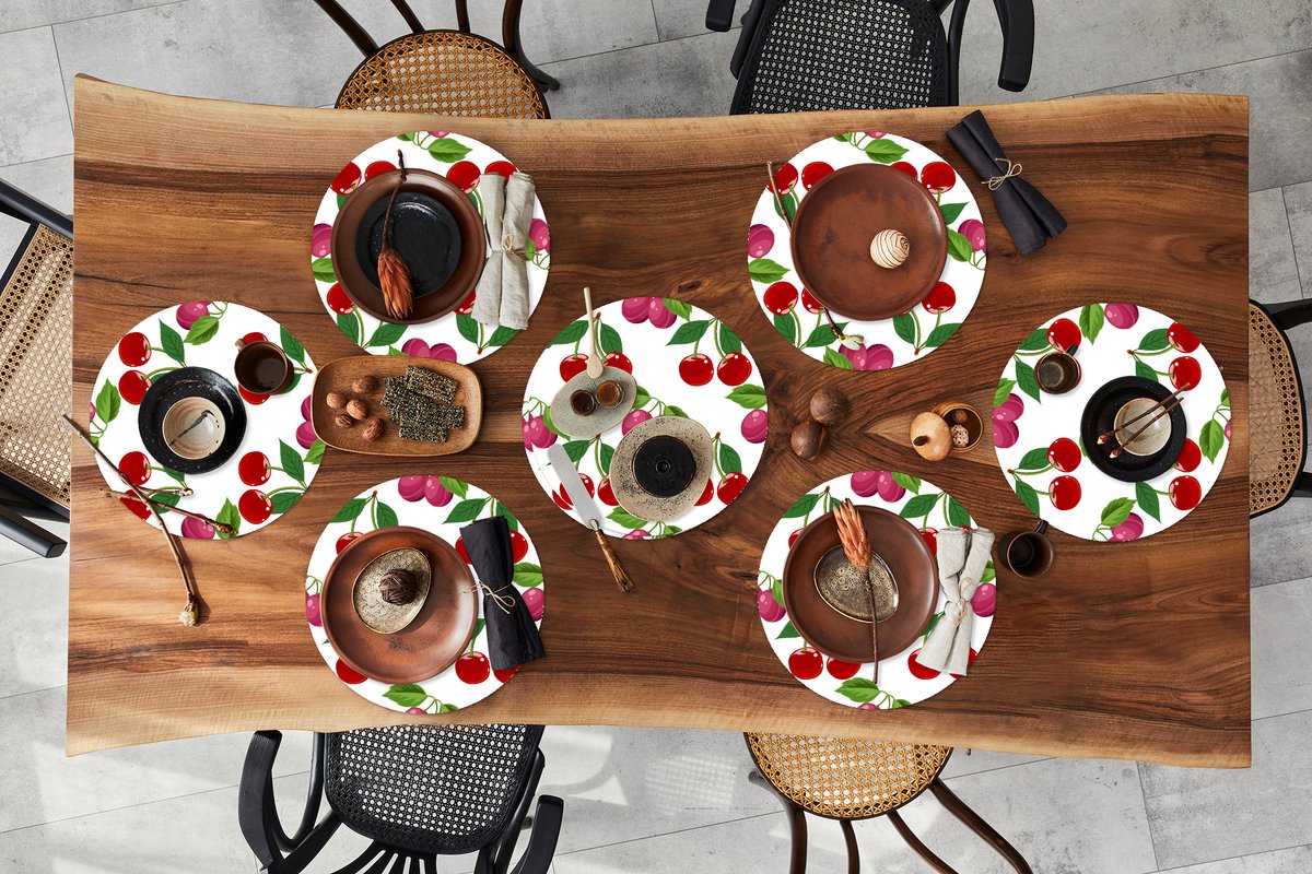 Ronde placemats - Onderlegger - Placemats rond - Kersen - Patronen - Fruit - 8 stuks