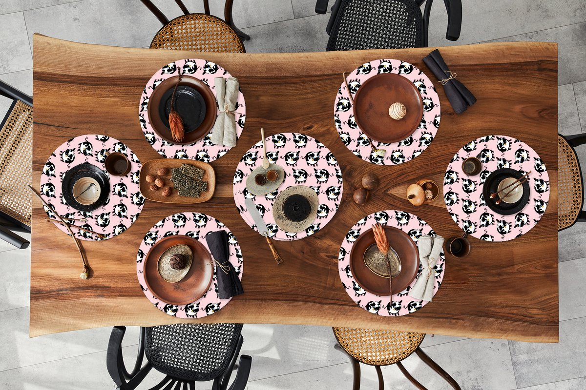 Ronde placemats - Onderlegger - Placemats rond - Koe - Roze - Patronen - 8 stuks